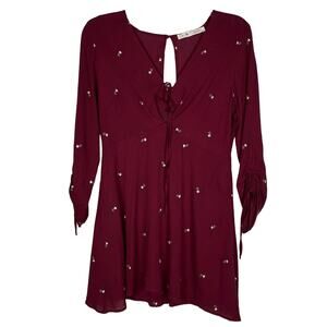 GRACE | Long Sleeve Midi Dress Floral Embroidered Burgundy L